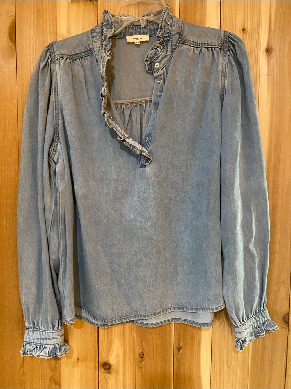 SUNCOO Light Blue Ruffle-Trim Denim Blouse